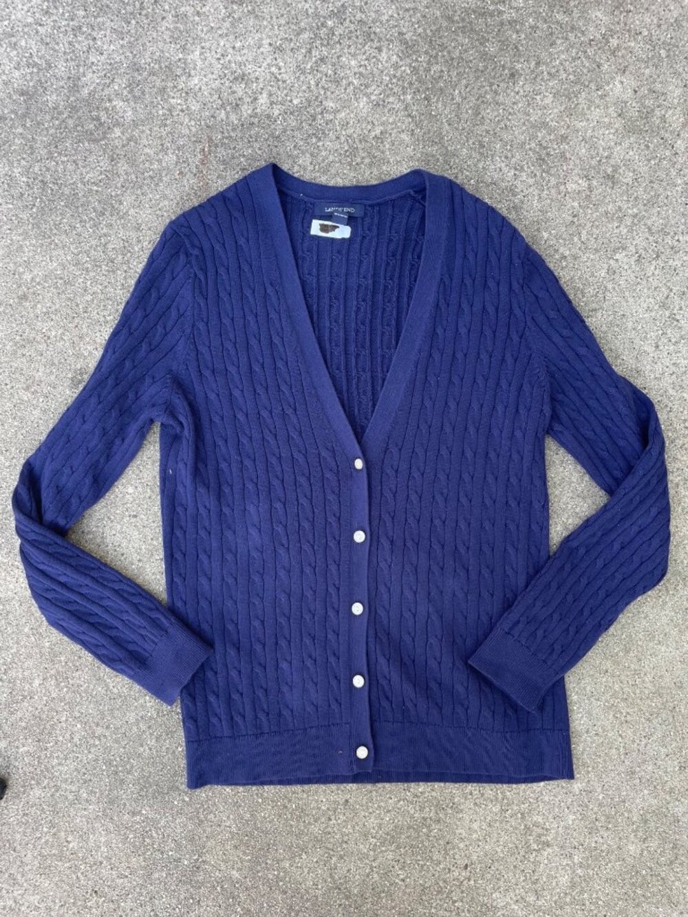 Lands' End Cardigan Navy Cable Knit 100% Cotton Preppy M Lighthouse Keeper Y2K